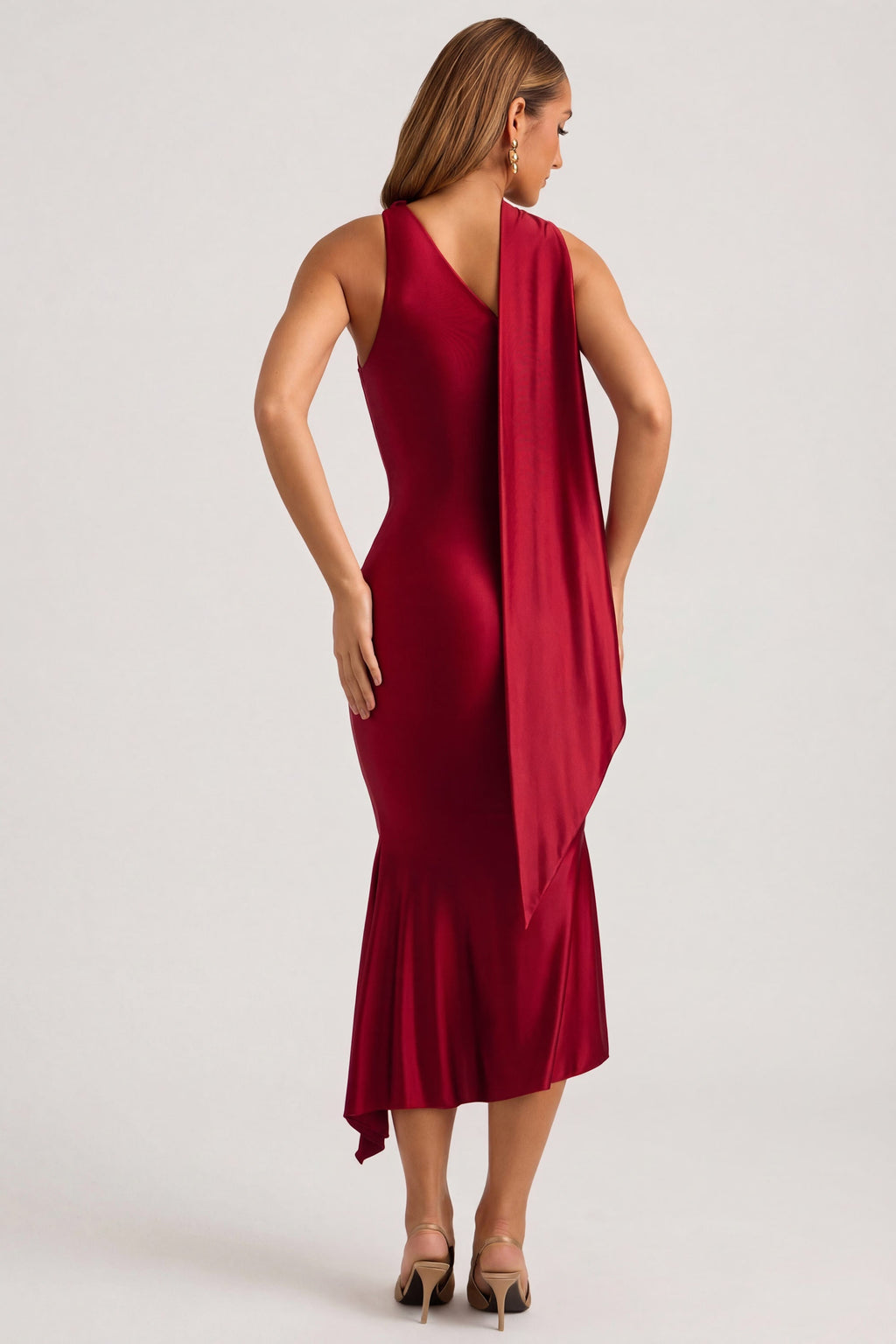 Asymmetric Scarf-Detail Midaxi Dress in True Red