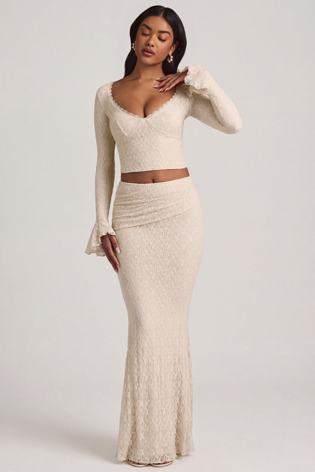 Draped Low-Rise Lace Maxi Skirt in Ivory