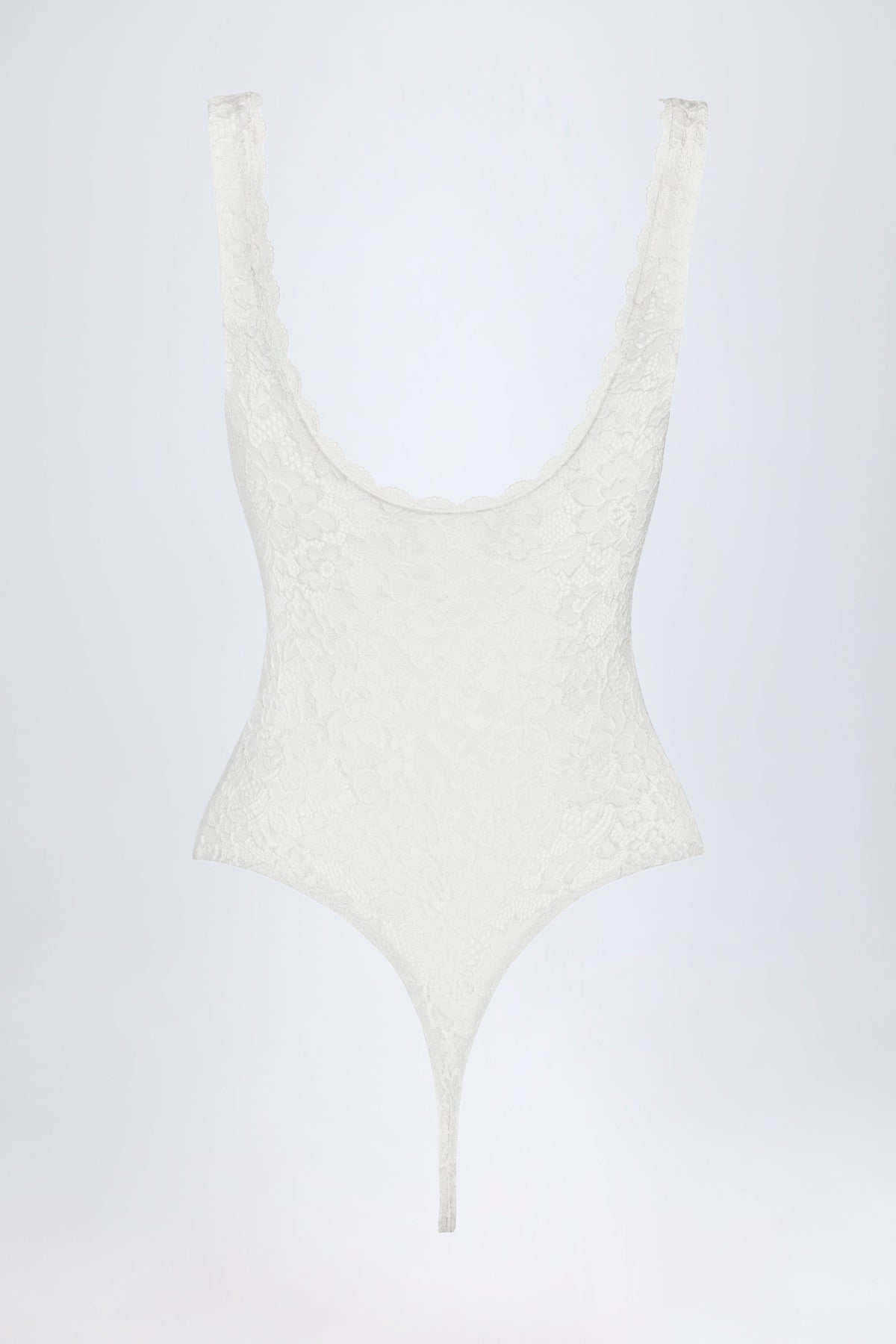 Sheer Lace Scalloped Plunge-Neck Bodysuit in White