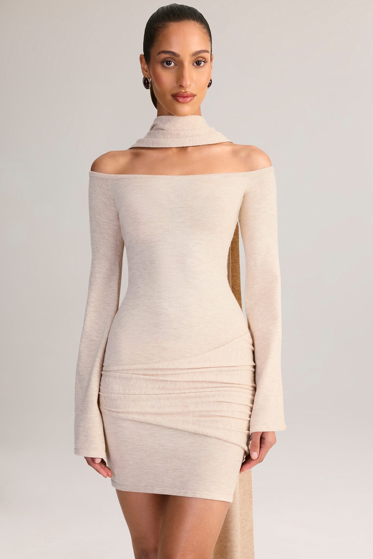 Knit Scarf-Detail Off-Shoulder Mini Dress in Cream