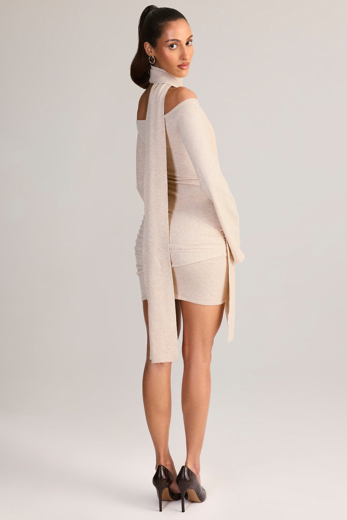 Knit Scarf-Detail Off-Shoulder Mini Dress in Cream