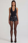 Faux Croc-Leather Belted Hotpants in Black