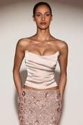 Satin Draped Lace-Up Corset Top in Gold