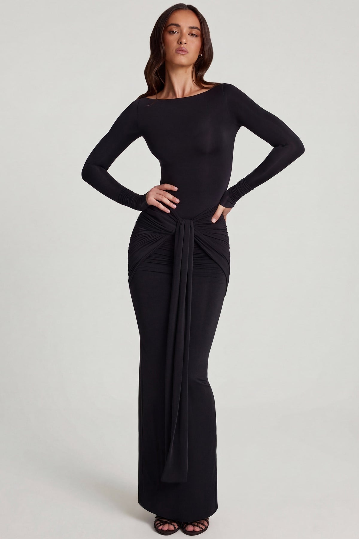 Soft Jersey Boat-Neck Tie-Gather Maxi Dress in Black