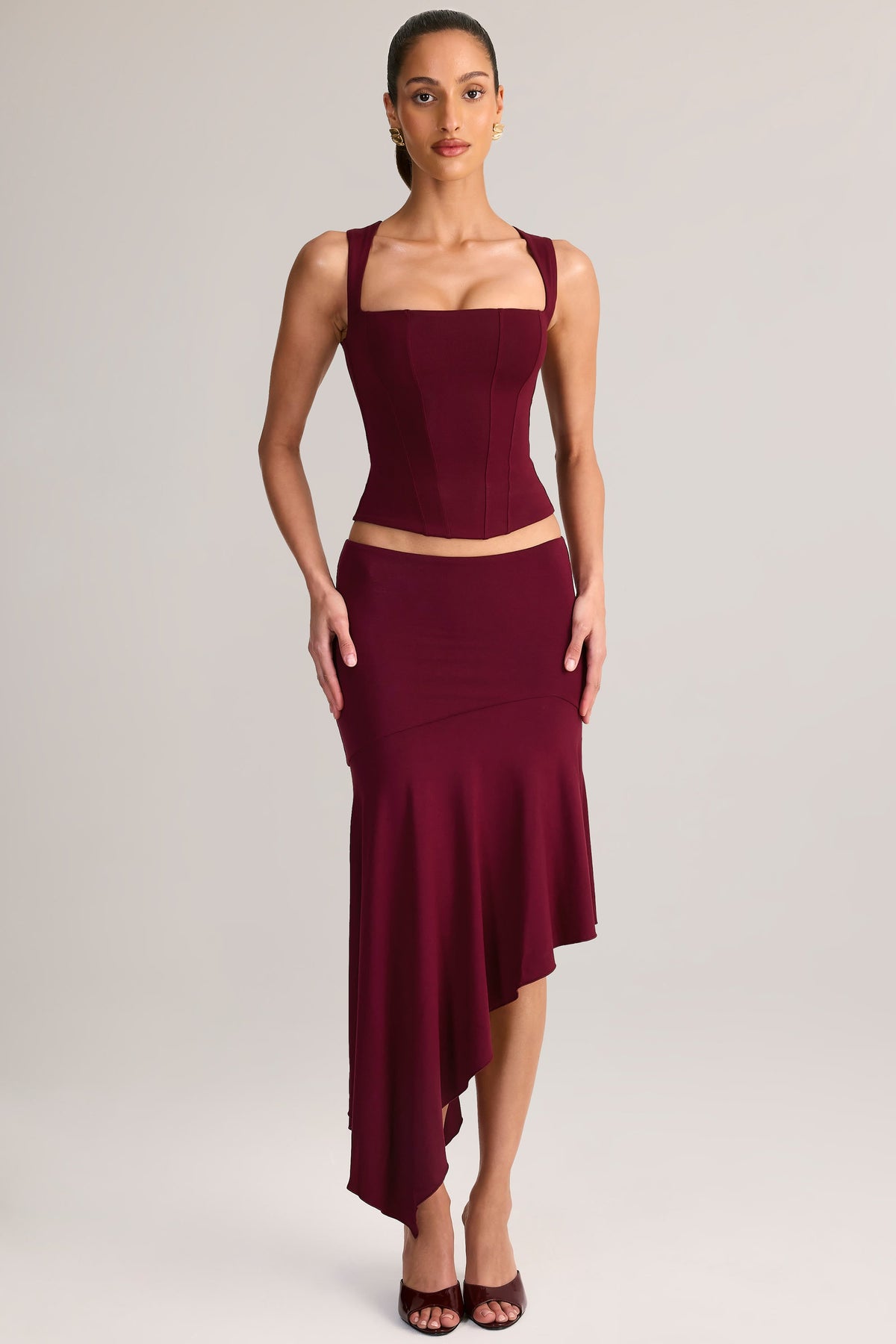 Modal Low-Rise Asymmetric Midaxi Skirt in Wine