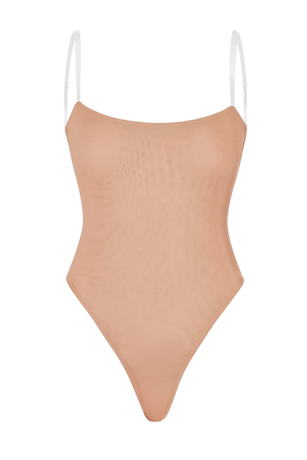 Soft Mesh Invisible Strap Thong Bodysuit in Warm Peach