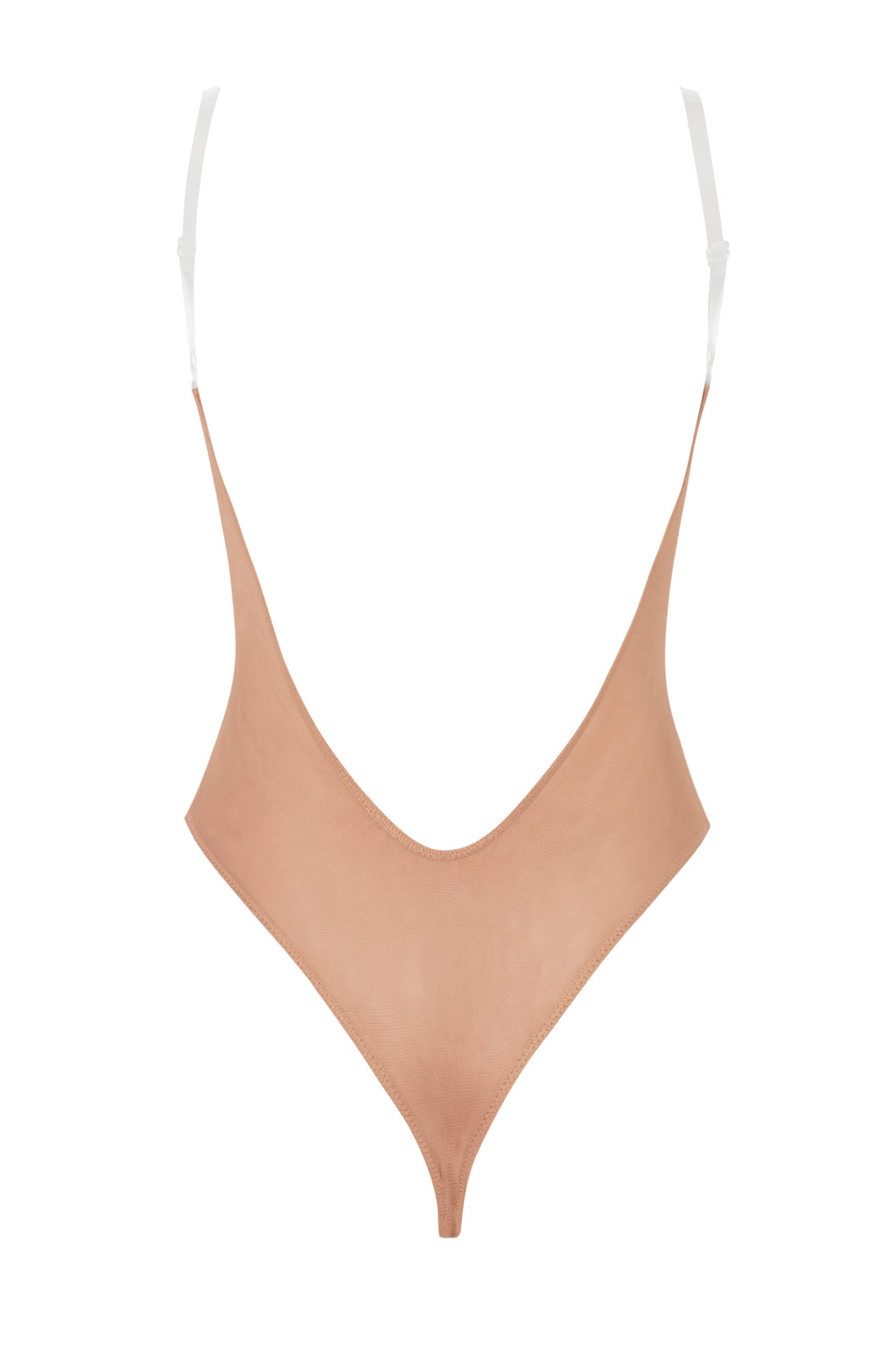 Soft Mesh Invisible Strap Thong Bodysuit in Warm Peach