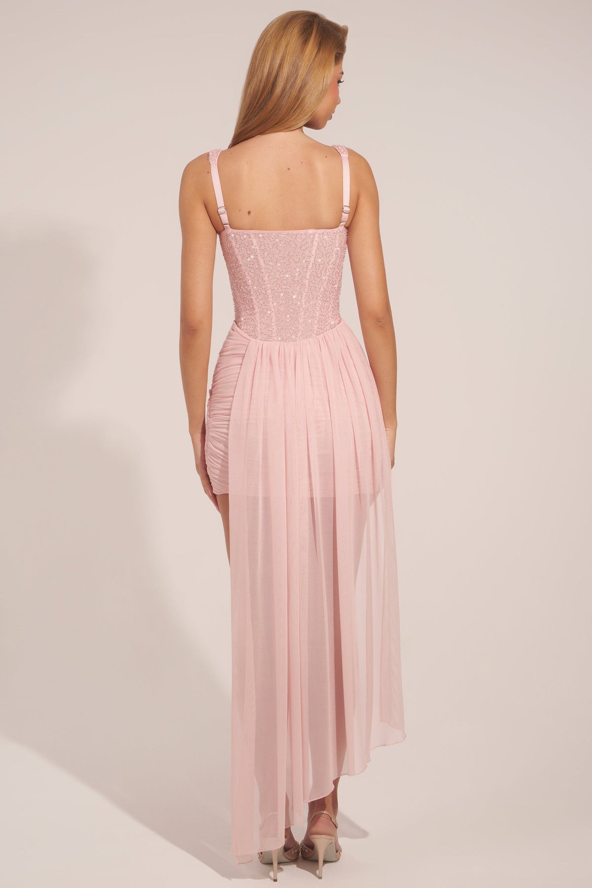 Corseted Draped Mini Dress in Blush Pink
