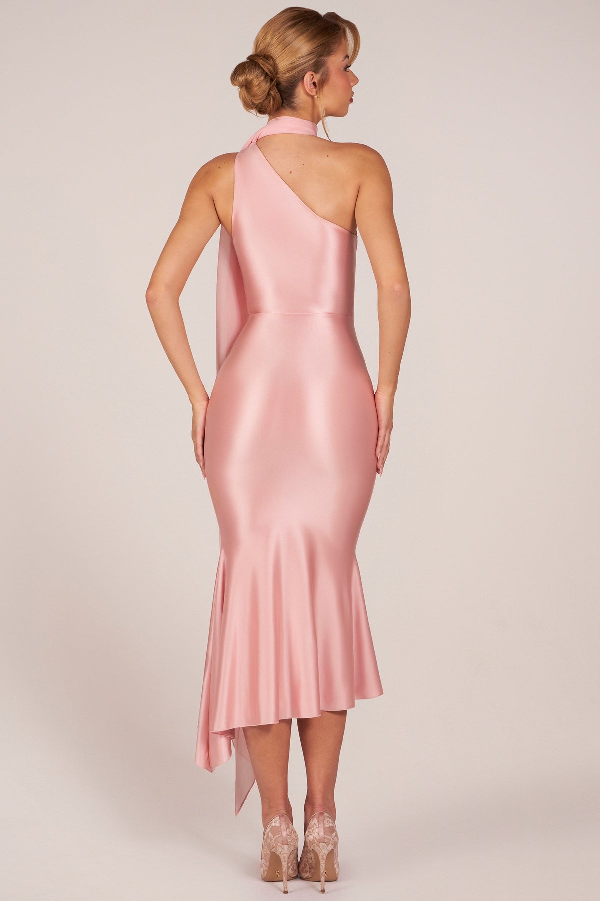 Scarf-Detail Midaxi Dress in Blush Pink