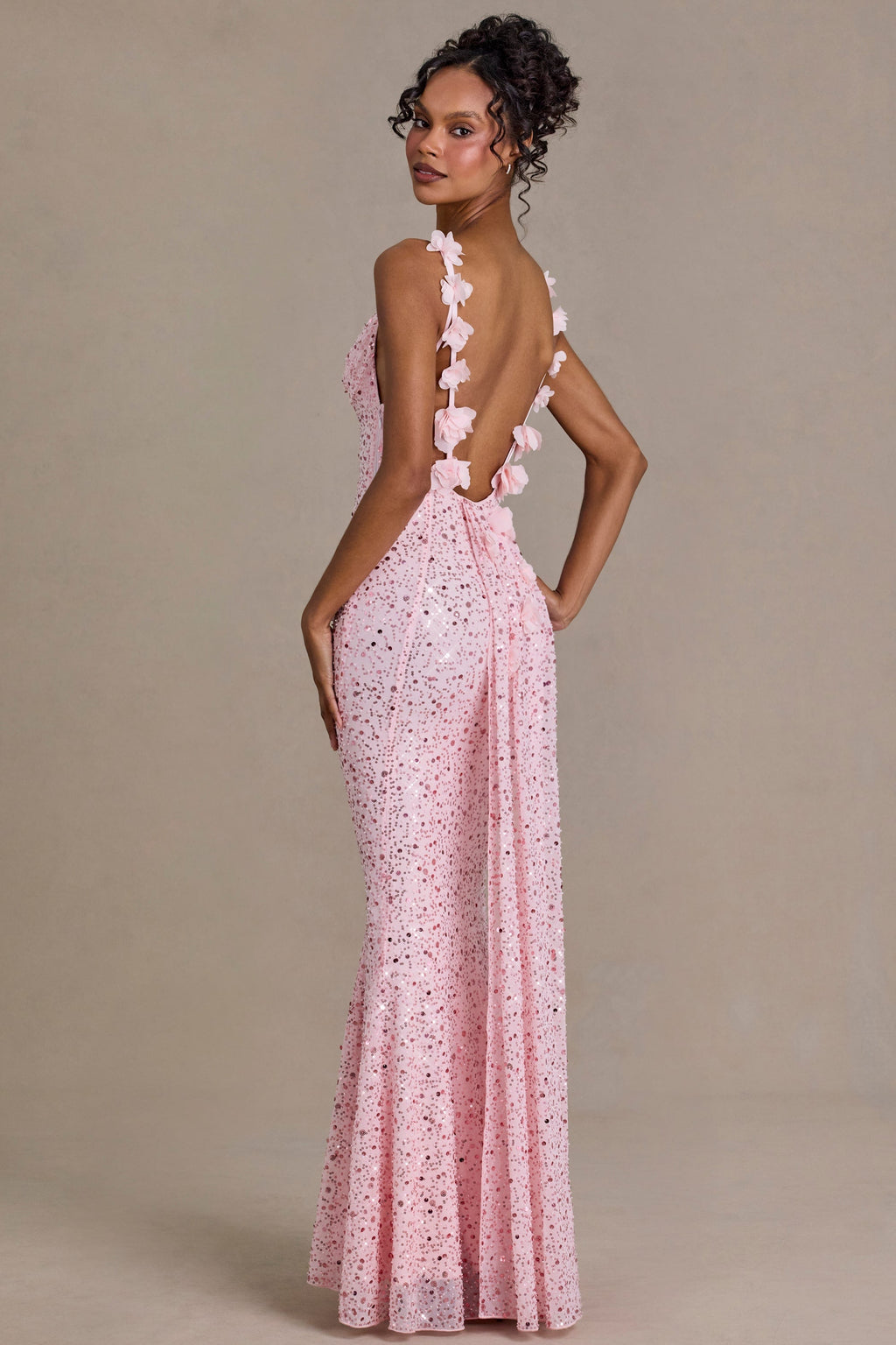 Embellished Open-Back Maxi Dress in Baby Pink