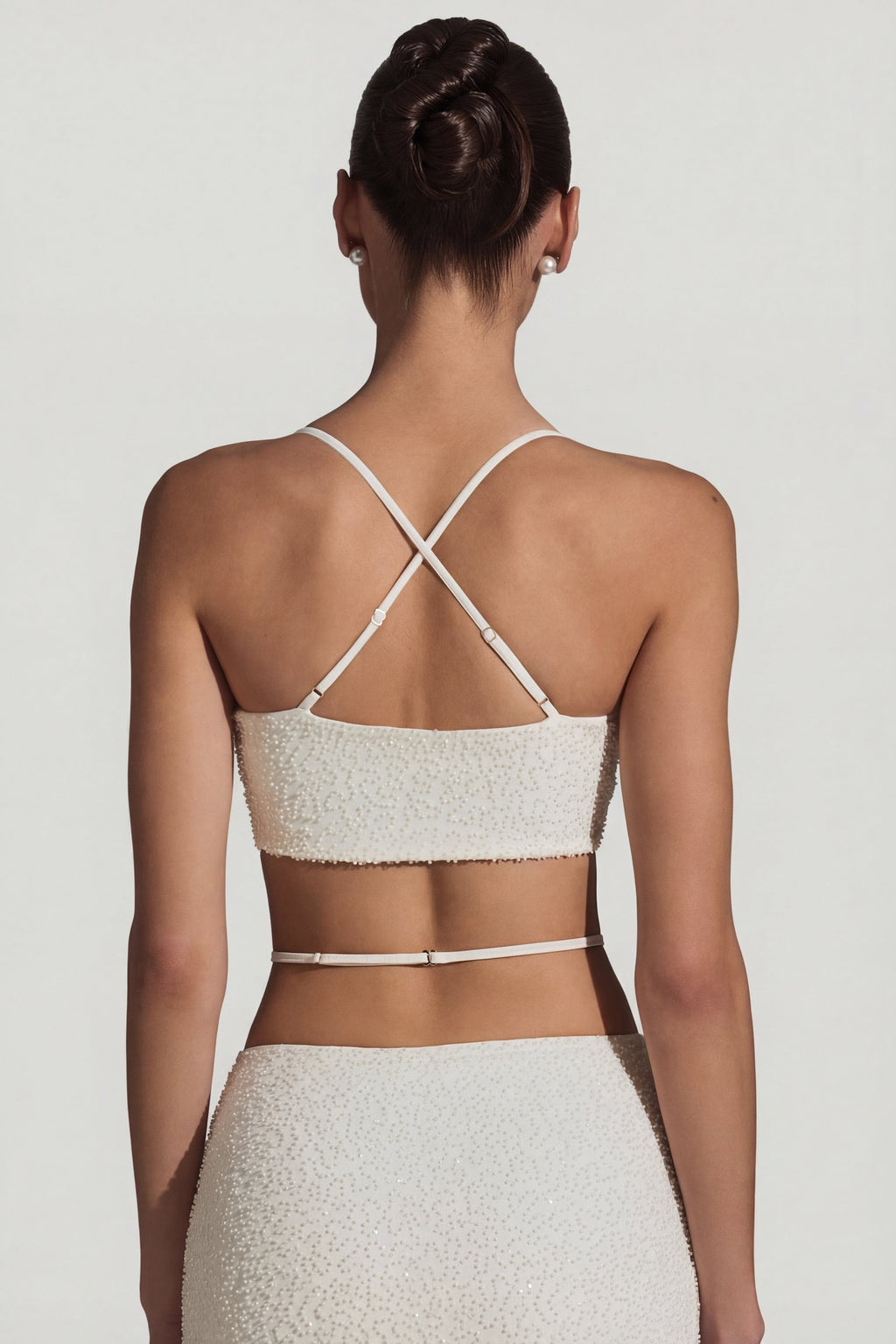 Embellished Cross Back Crop Top in White