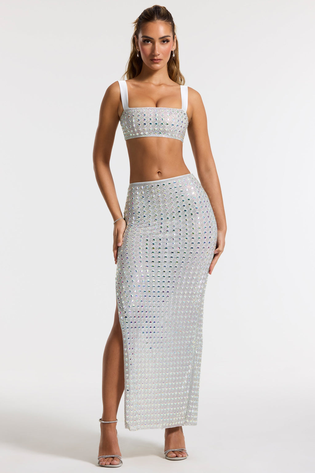 Embellished Mid Rise Maxi Skirt in Silver
