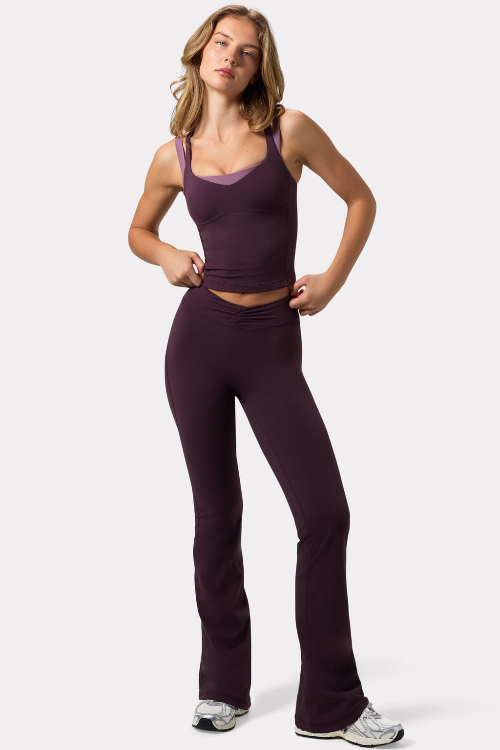Soft Active Ruched Flared Trousers in Plum