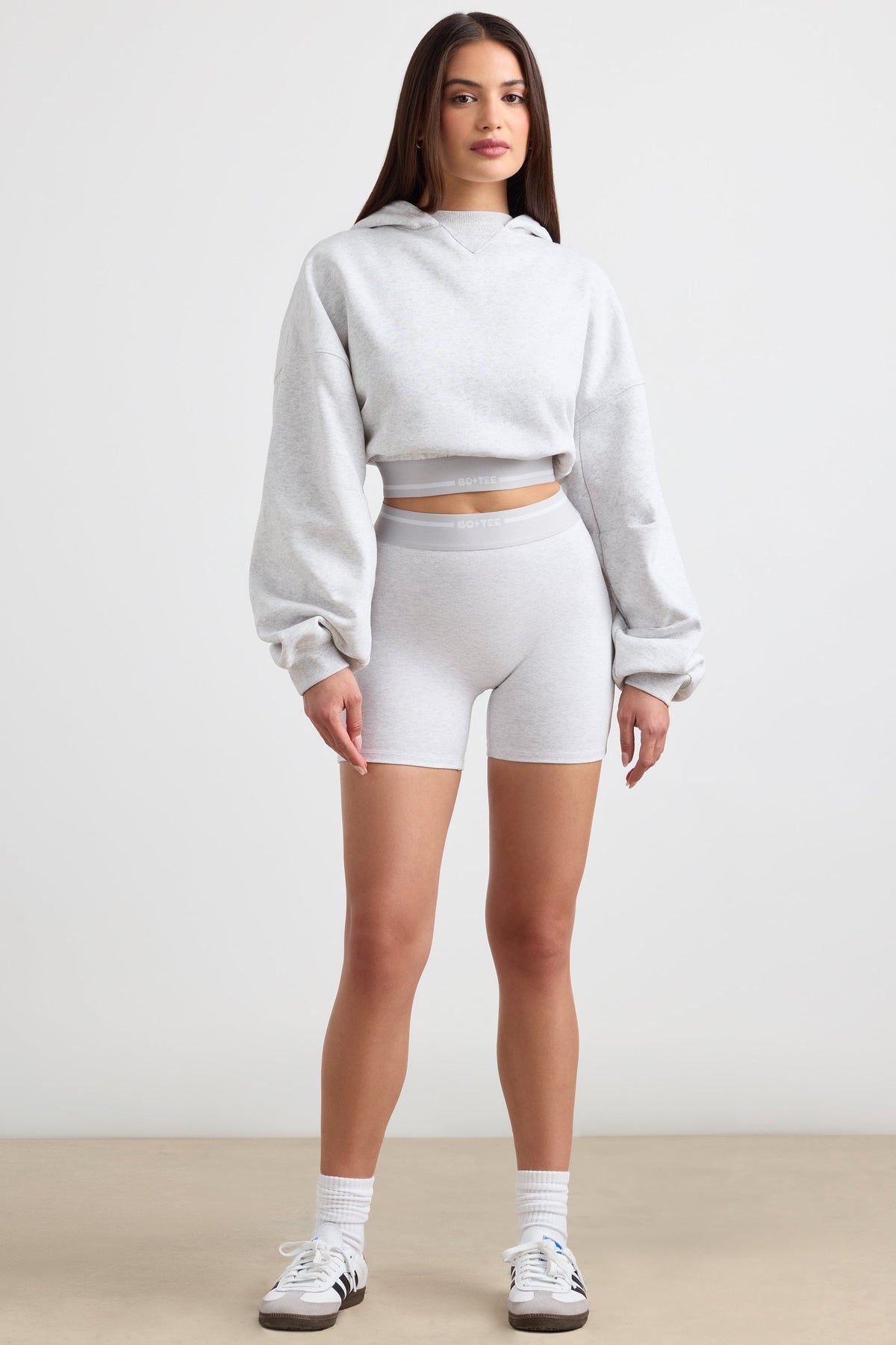 Stretch Cotton Fleece Cropped Hoodie in Grey Marl