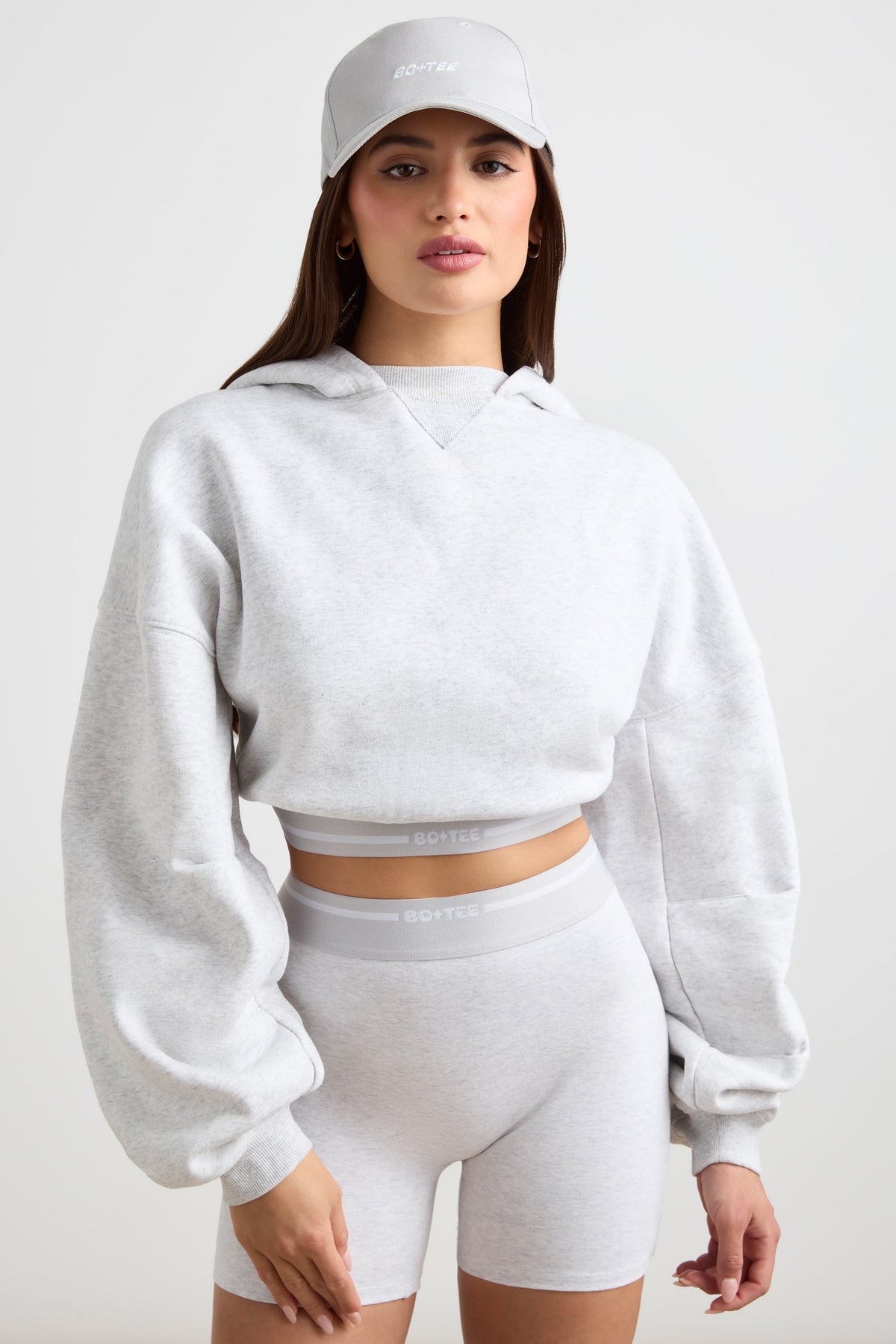 Stretch Cotton Fleece Cropped Hoodie in Grey Marl