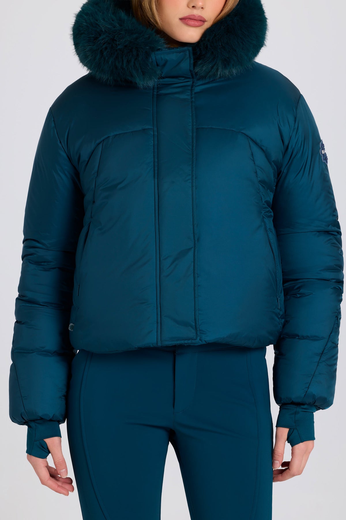 Waterproof Faux-Fur Hood Cropped Ski Jacket in Teal