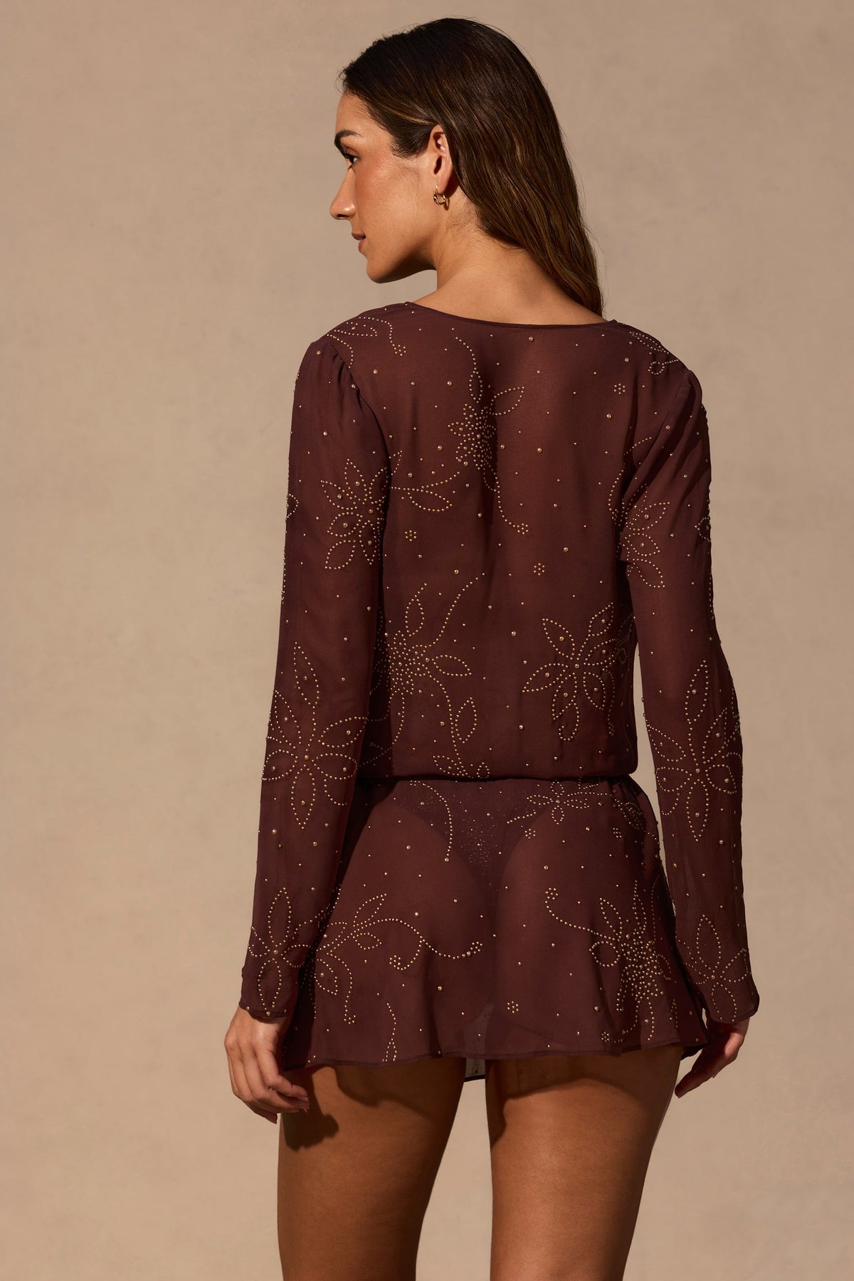 Long-Sleeve Mini Dress in Espresso Brown