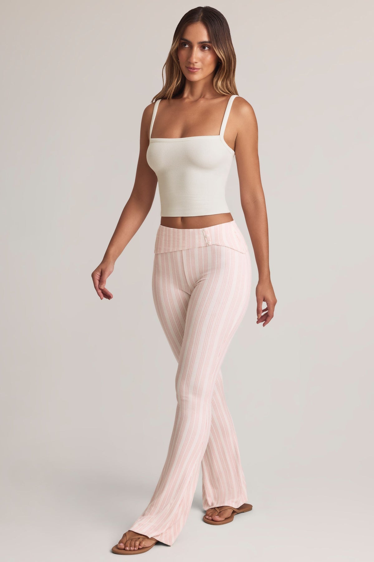Modal Foldover Mid-Rise Flared Trousers in Stripe Print