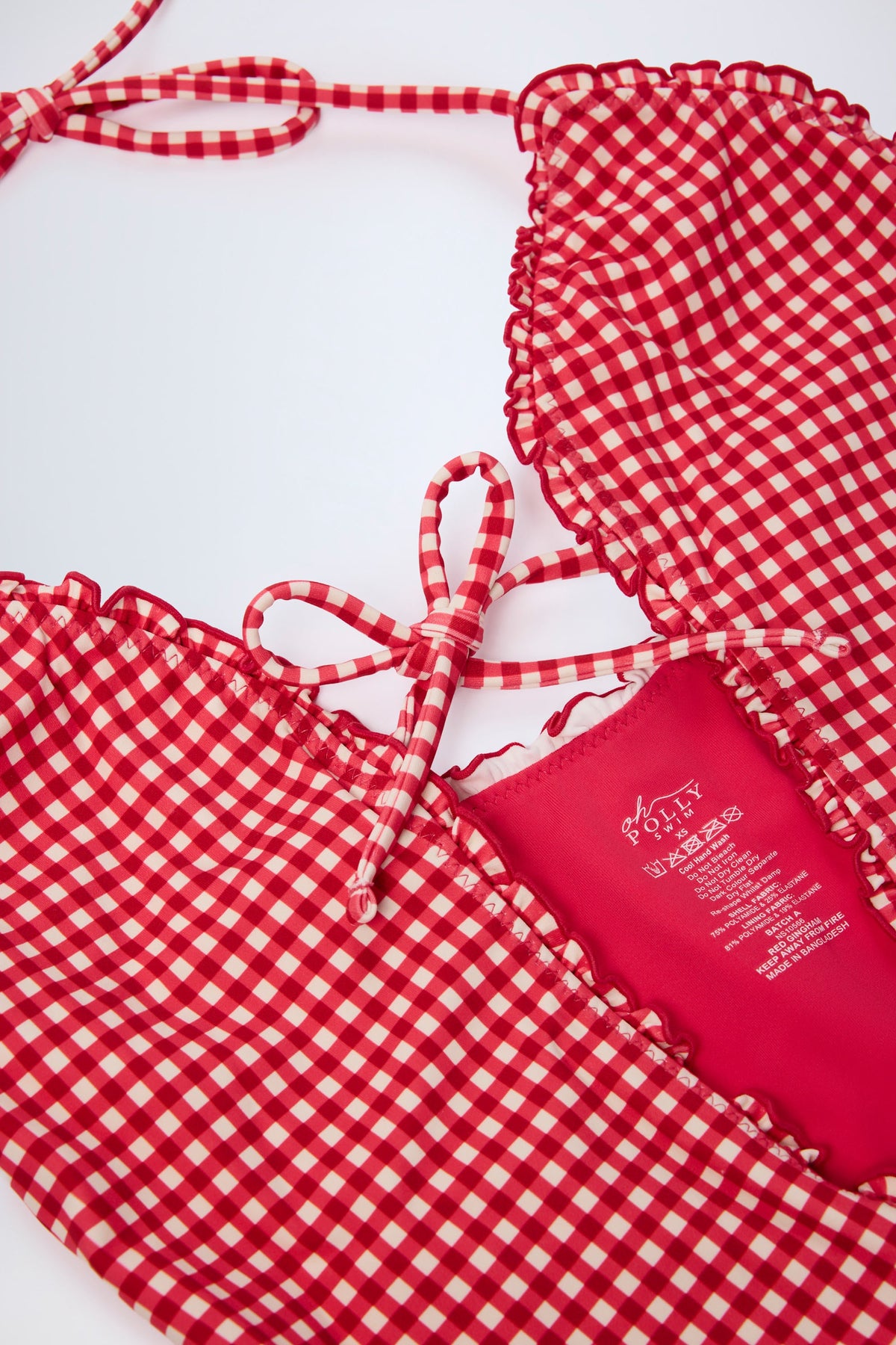 Ruffled Cut-Out Halterneck Swimsuit in Red Gingham