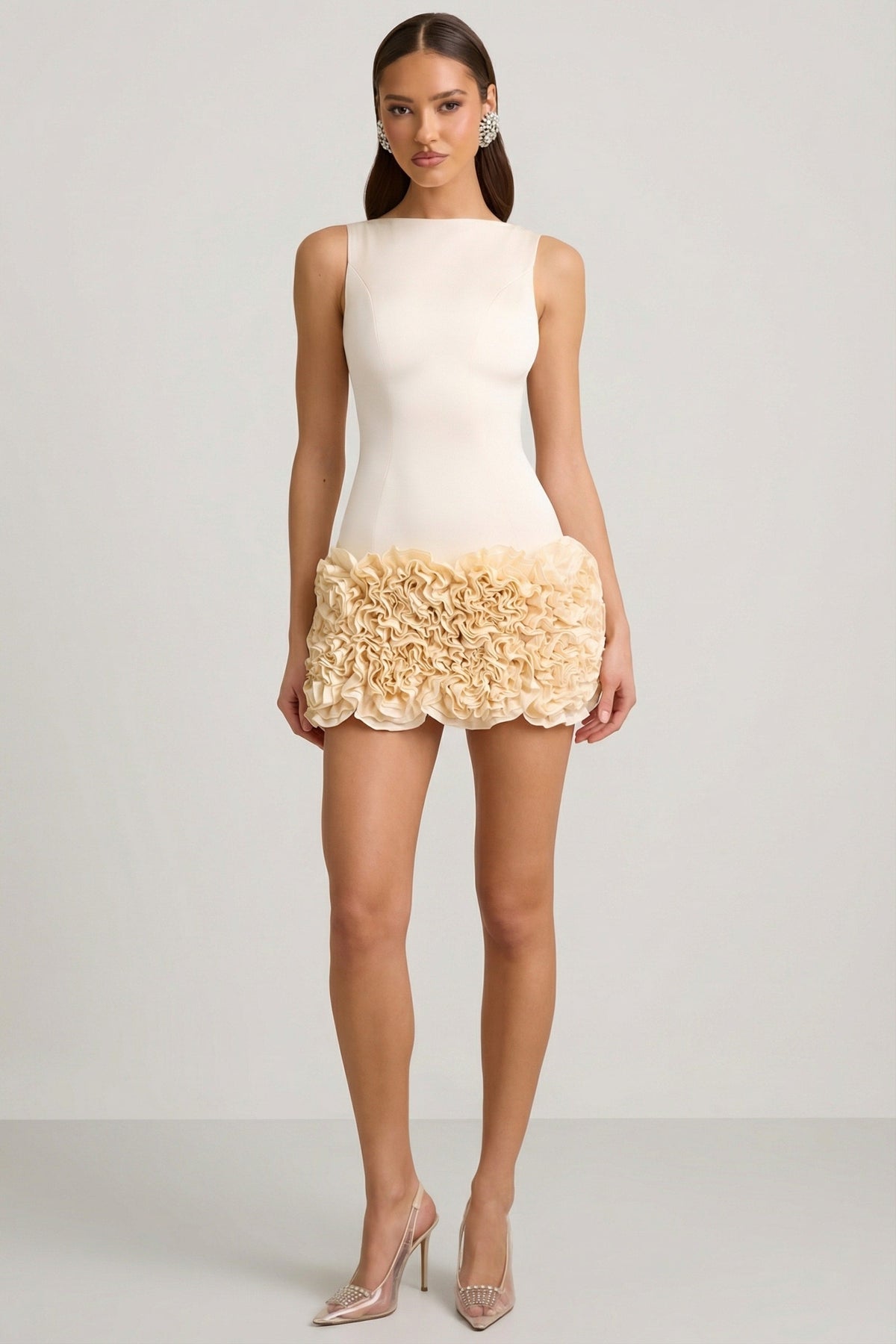 Satin Floral Appliqué Open-Back Mini Dress in Ivory