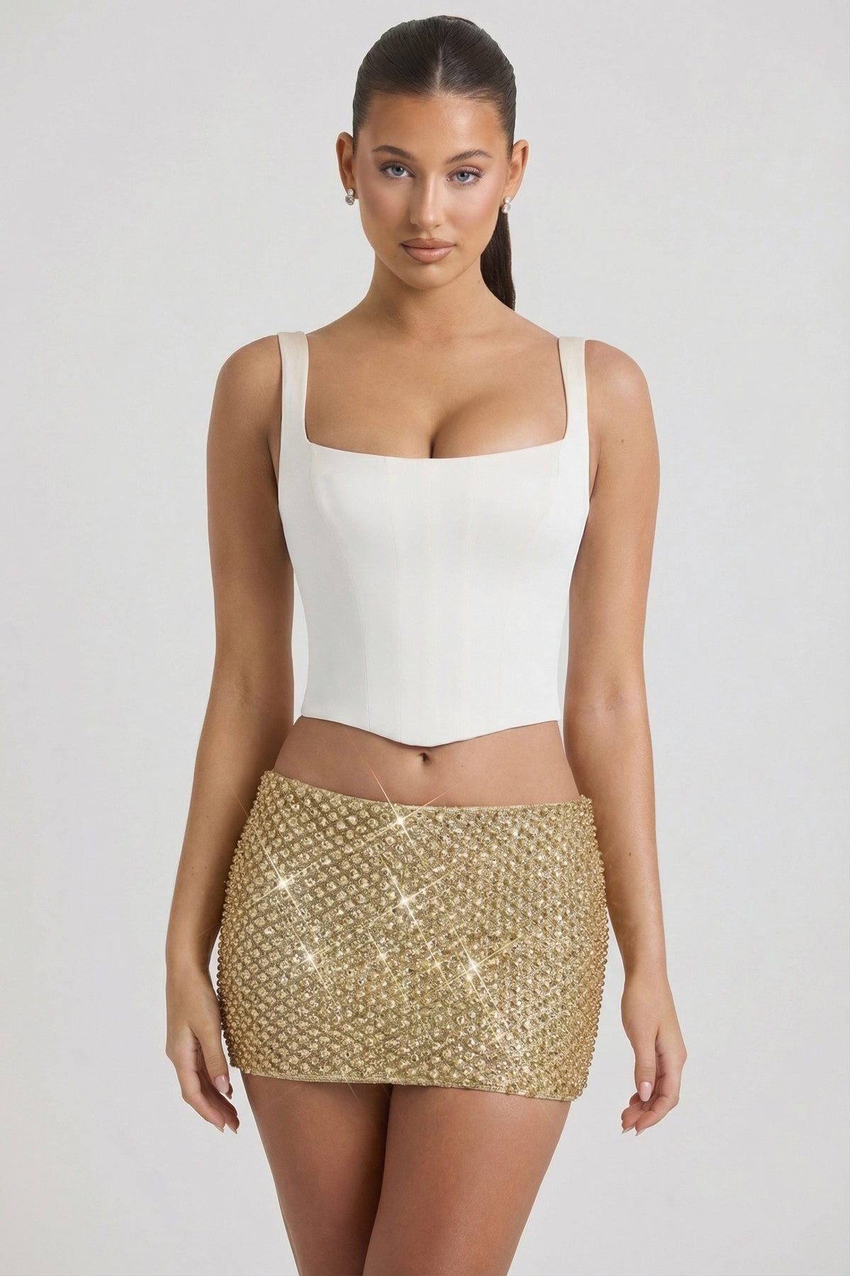 Embellished Low-Rise Mini Skirt in Gold