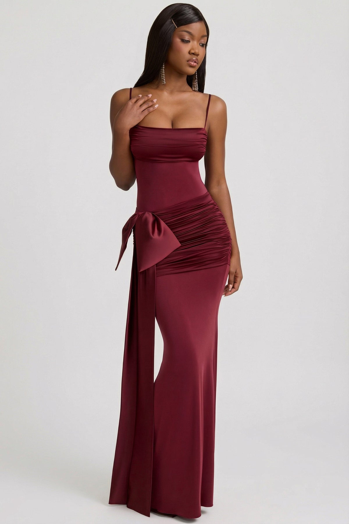 Bow-Detail Ruched Maxi Dress in Wine Red