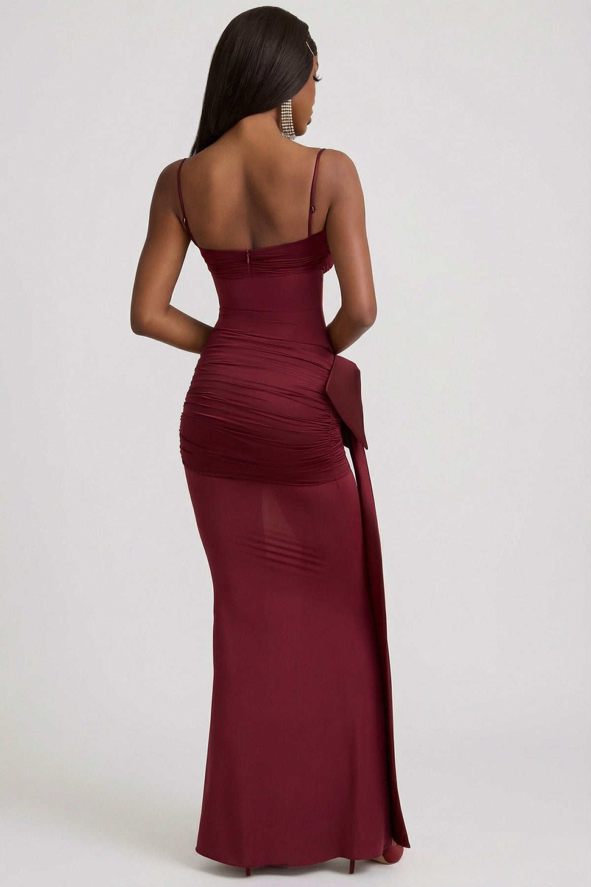 Bow-Detail Ruched Maxi Dress in Wine Red