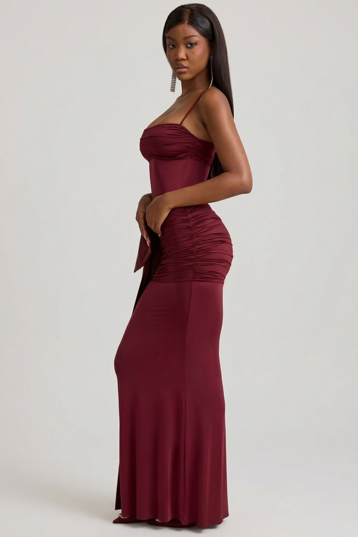 Bow-Detail Ruched Maxi Dress in Wine Red