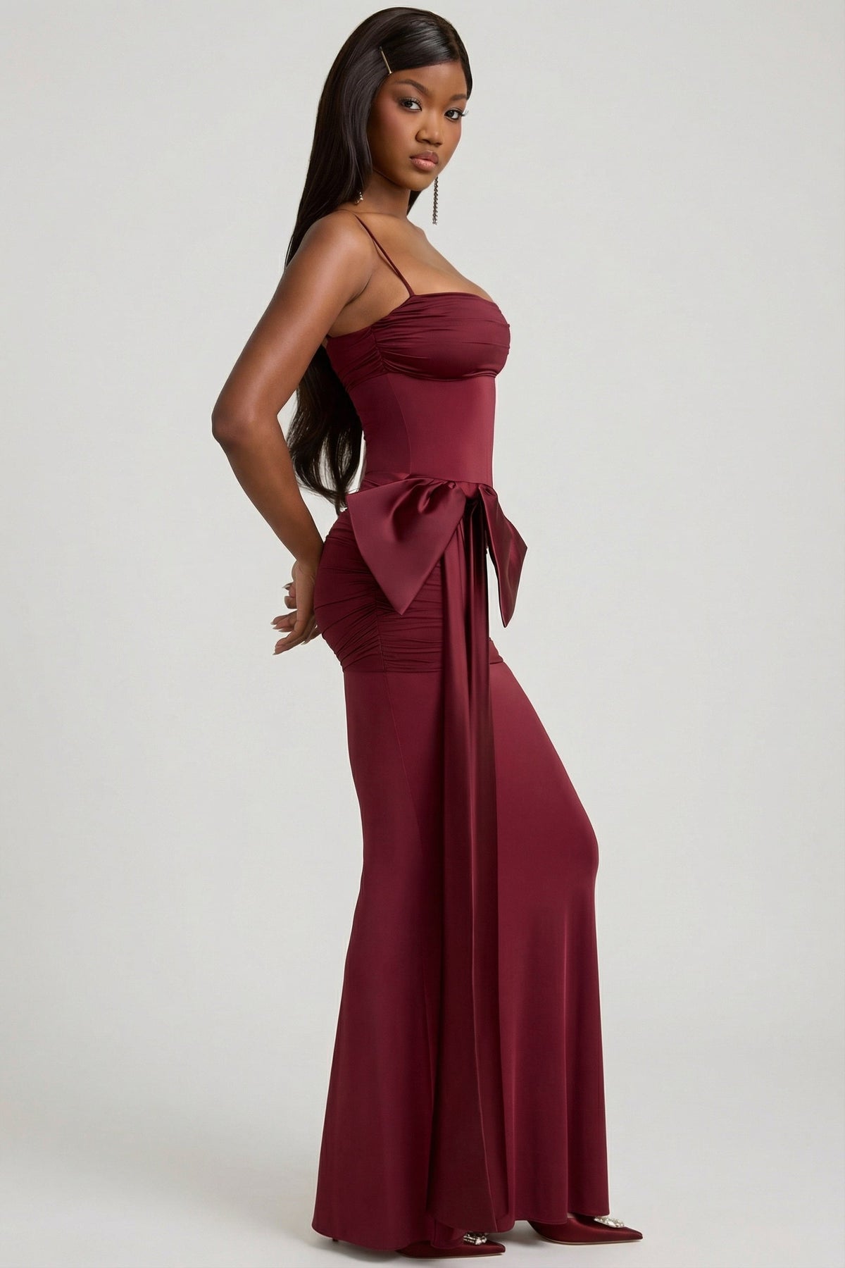Bow-Detail Ruched Maxi Dress in Wine Red