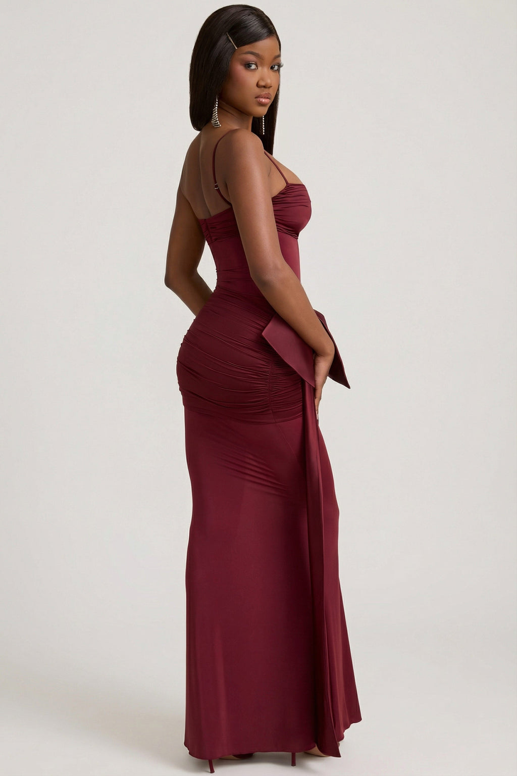 Bow-Detail Ruched Maxi Dress in Wine Red
