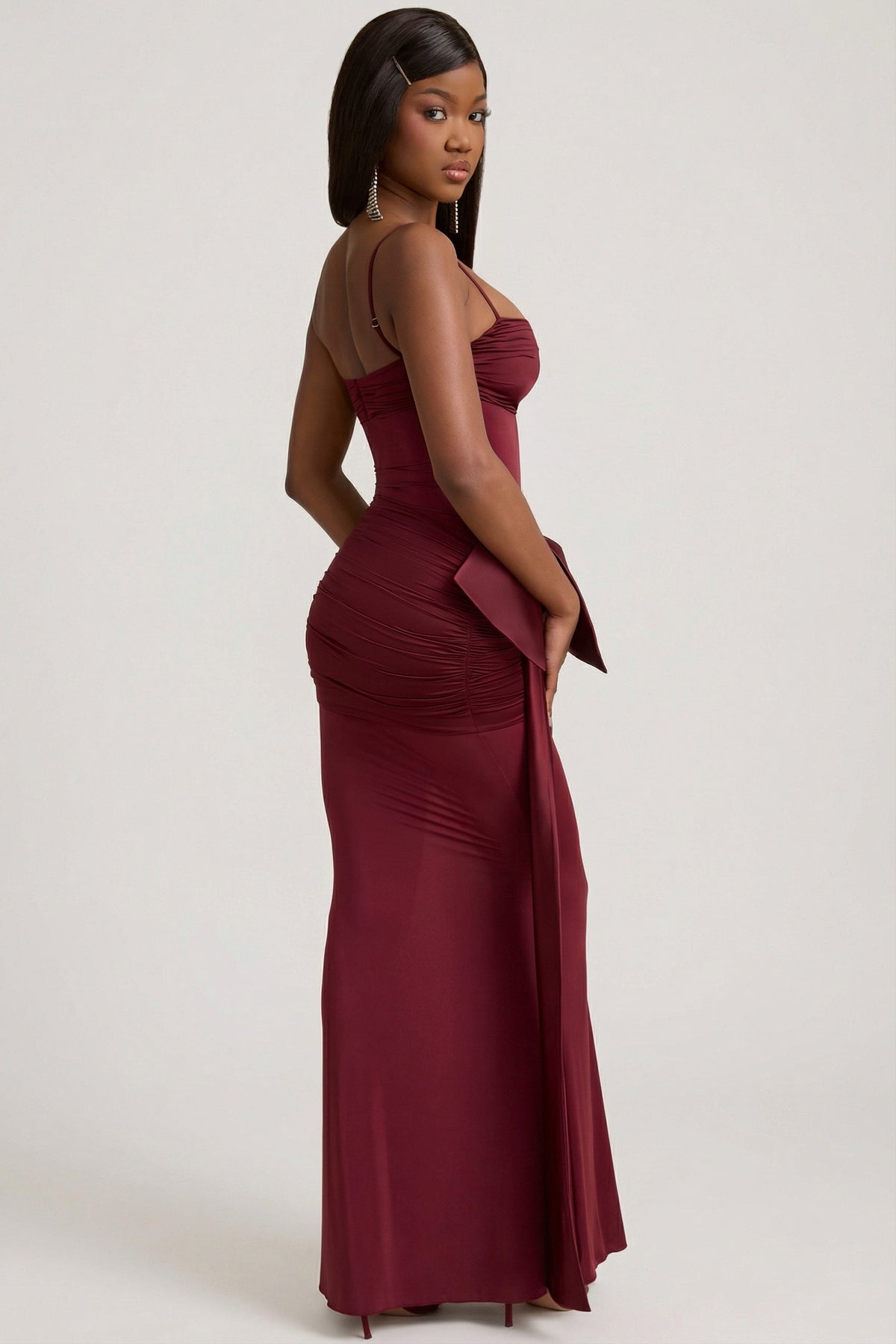 Bow-Detail Ruched Maxi Dress in Wine Red