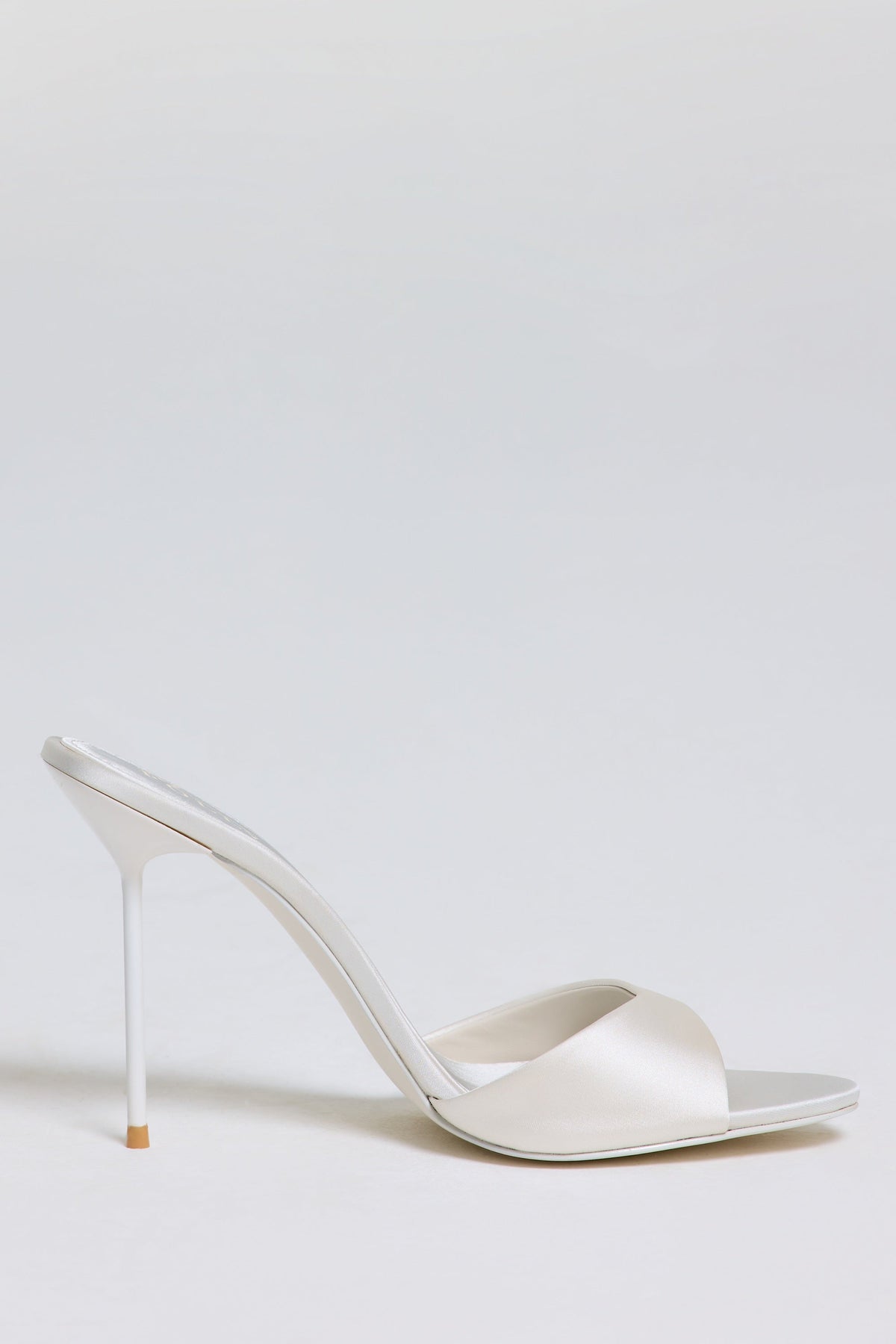 Satin Heeled Mule Sandal in Pearl White