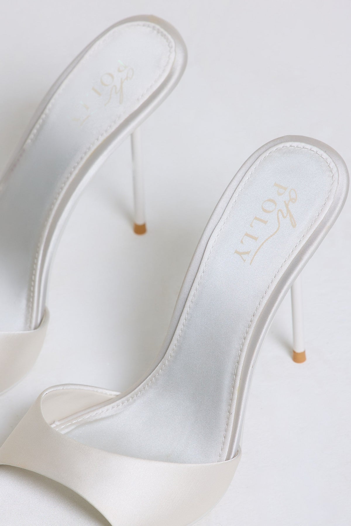 Satin Heeled Mule Sandal in Pearl White