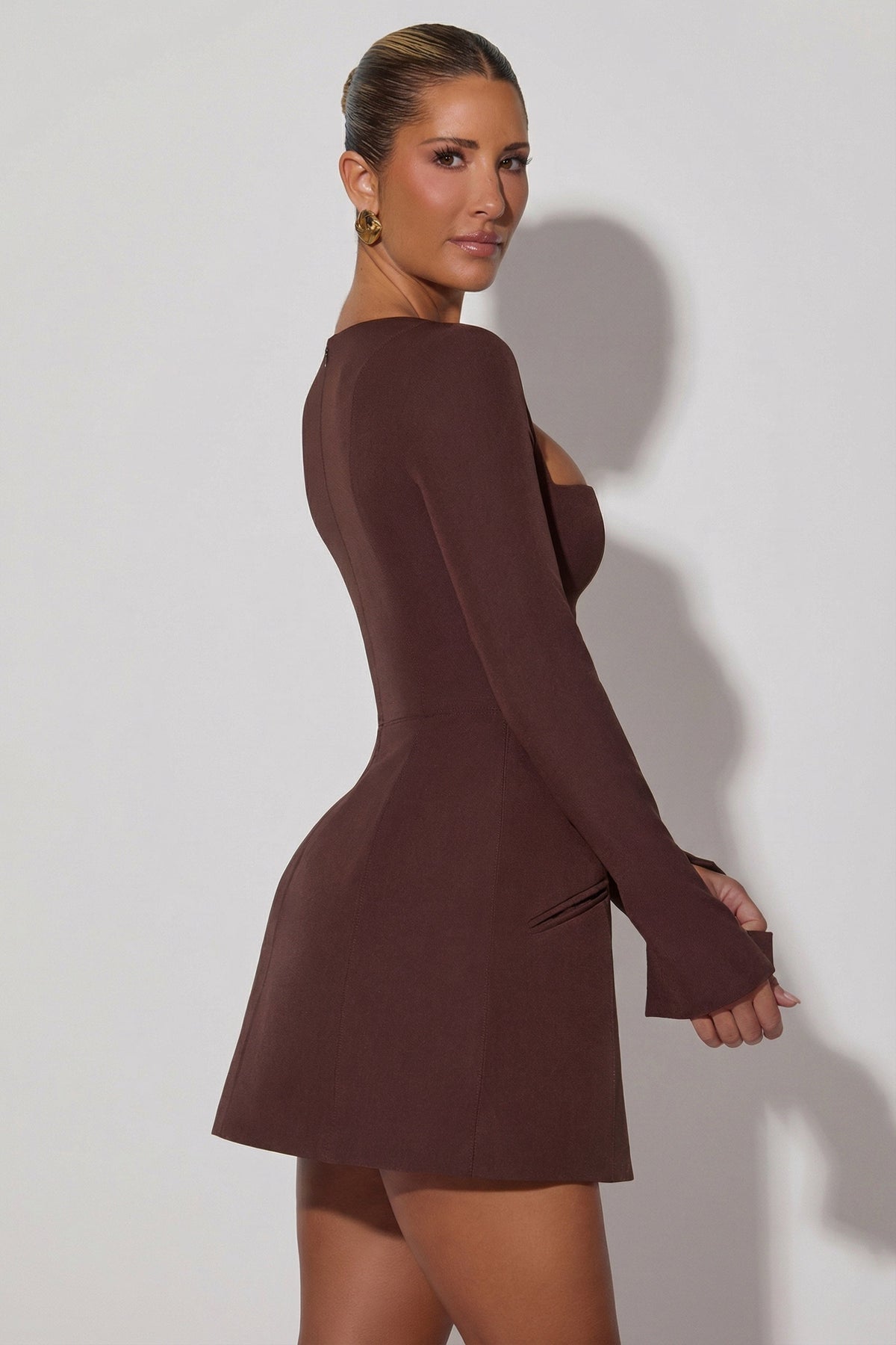Square-Neck Structured Tulip Mini Dress in Chocolate Brown