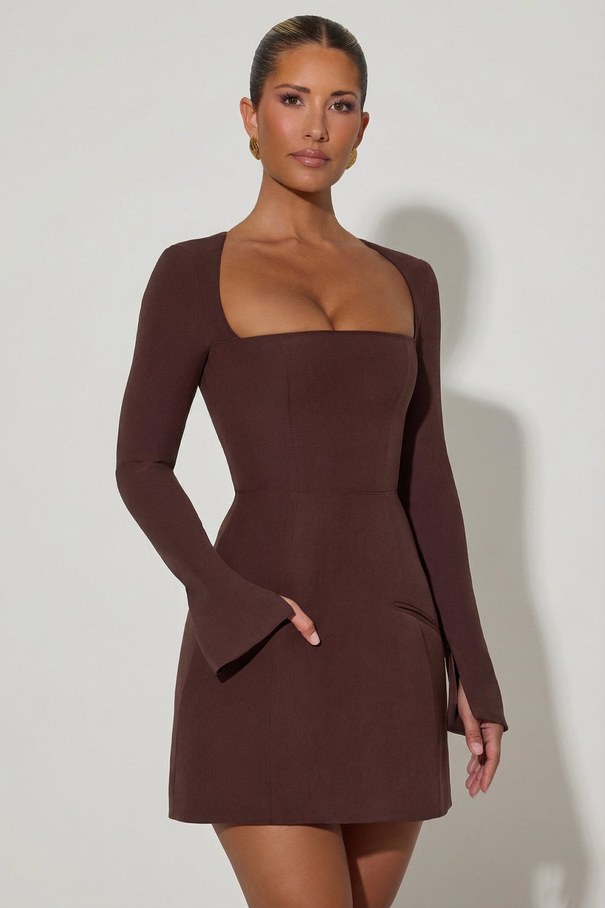 Square-Neck Structured Tulip Mini Dress in Chocolate Brown