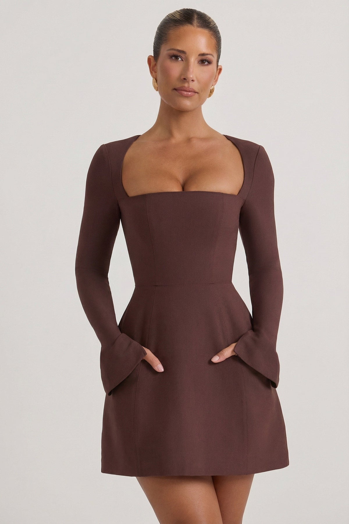 Square-Neck Structured Tulip Mini Dress in Chocolate Brown