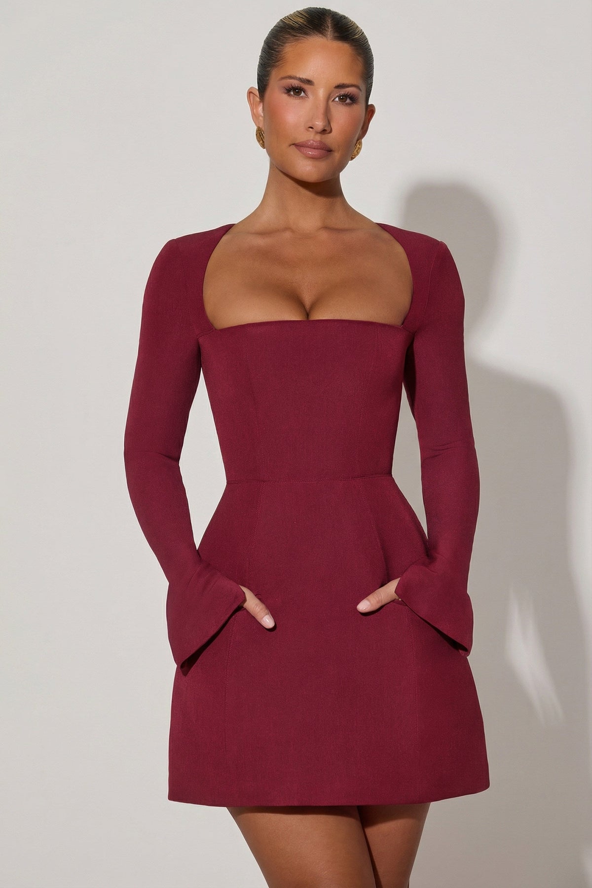 Square-Neck Structured Tulip Mini Dress in Wine Red